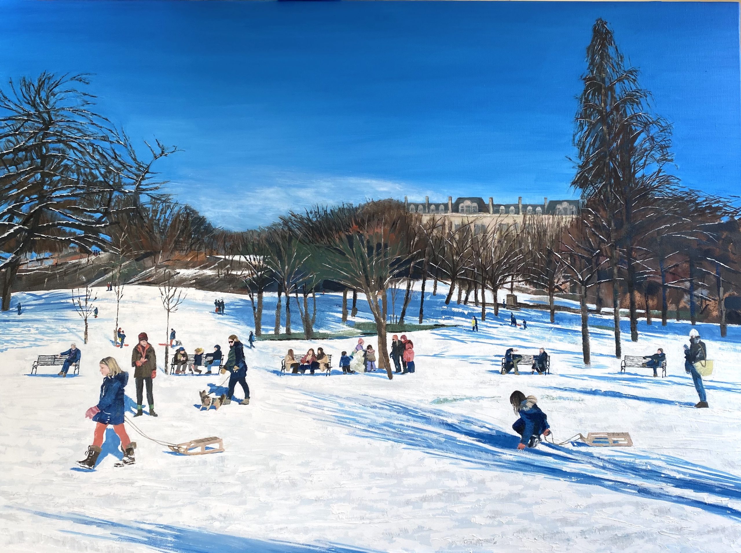 ‘Sunday in the Park with Snow’ 30×40″ oil on canvas (Kelvingrove Park, Glasgow)